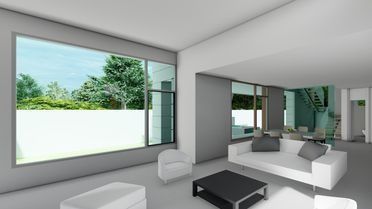 Sala de estar moderna y minimalista con gran ventanal, muebles blancos y vistas a los árboles verdes del exterior.