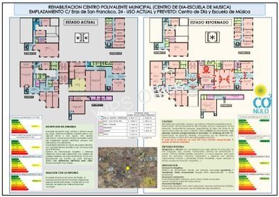 Plano de planta y mapa de evacuación con diseños a color, leyendas y texto para un edificio municipal.