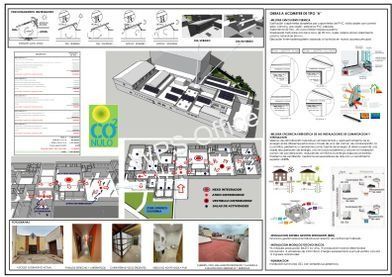 Panel de presentación arquitectónica con plano del emplazamiento, diagramas, alzados y fotos del interior de un diseño de edificio.