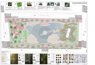 Plano paisajístico con césped azul central, macizos de flores rosas y diseño de senderos circundantes, además de paneles con la paleta de colores de las plantas.