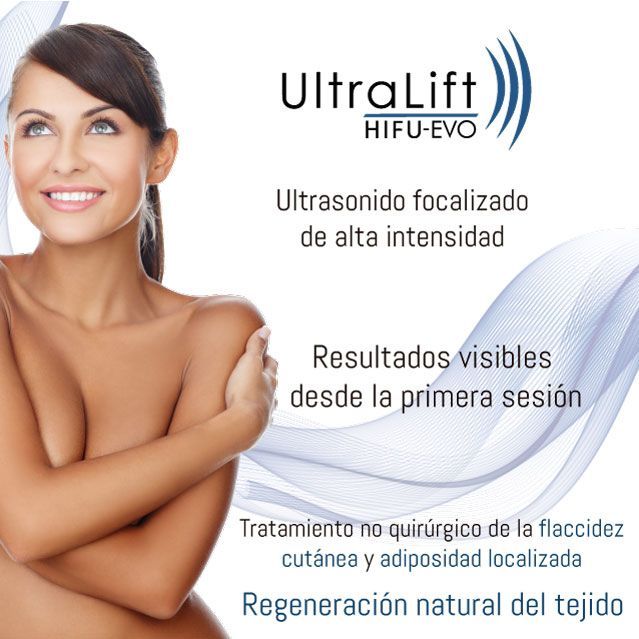 Anuncio de UltraLift HIFU-EVO, que muestra a una mujer con una tez reafirmada. El texto promueve la reafirmación de la piel y la reducción de grasa.