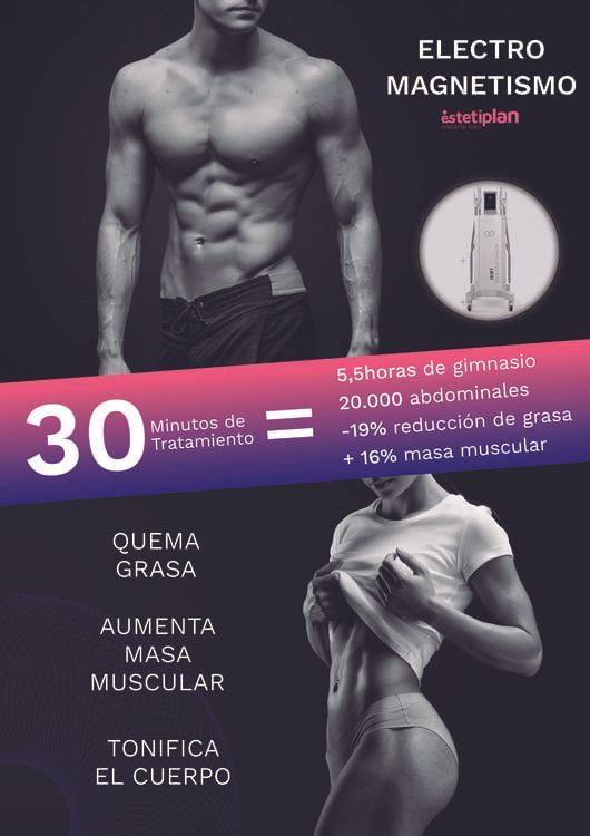 Anuncio: Tratamiento electromagnético. Afirma que 30 minutos equivalen a 5 horas de gimnasio, 20.000 abdominales, quema grasa, aumenta la masa muscular y tonifica el cuerpo.
