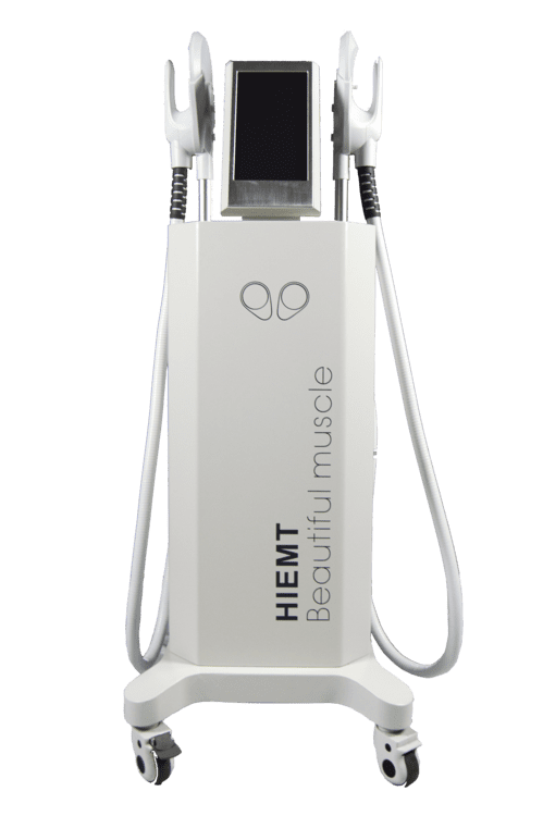 Máquina de musculación HIEMT de color blanco, con dos aplicadores, pantalla y ruedas.