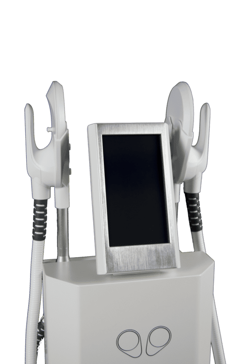 Dispositivo médico blanco con pantalla táctil y accesorios aplicadores.