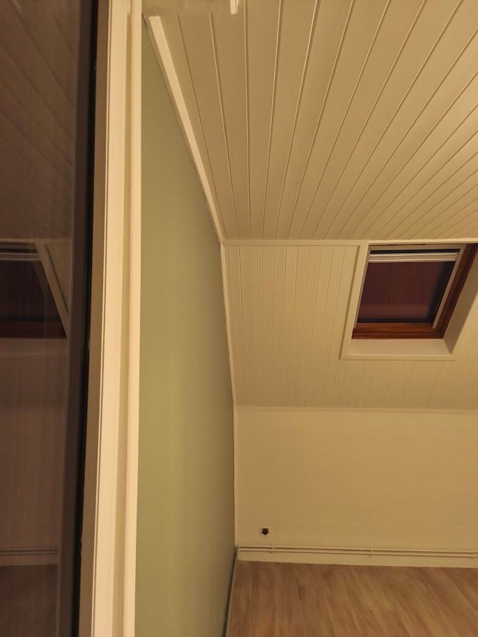 Pièce intérieure avec plafond mansardé, puits de lumière et murs et sol de couleur claire.