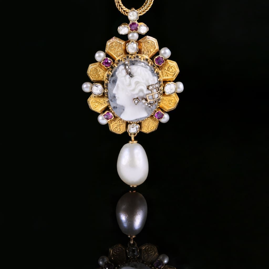Pendentif en or orné d'un camée blanc, de diamants d'accent, de rubis et d'une grosse perle pendante sur fond noir.