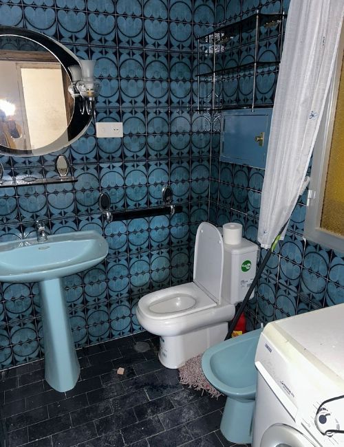 Baño con azulejos con dibujos azules, lavabo de pedestal, inodoro, bidé y lavadora; un espejo cuelga sobre el lavabo.