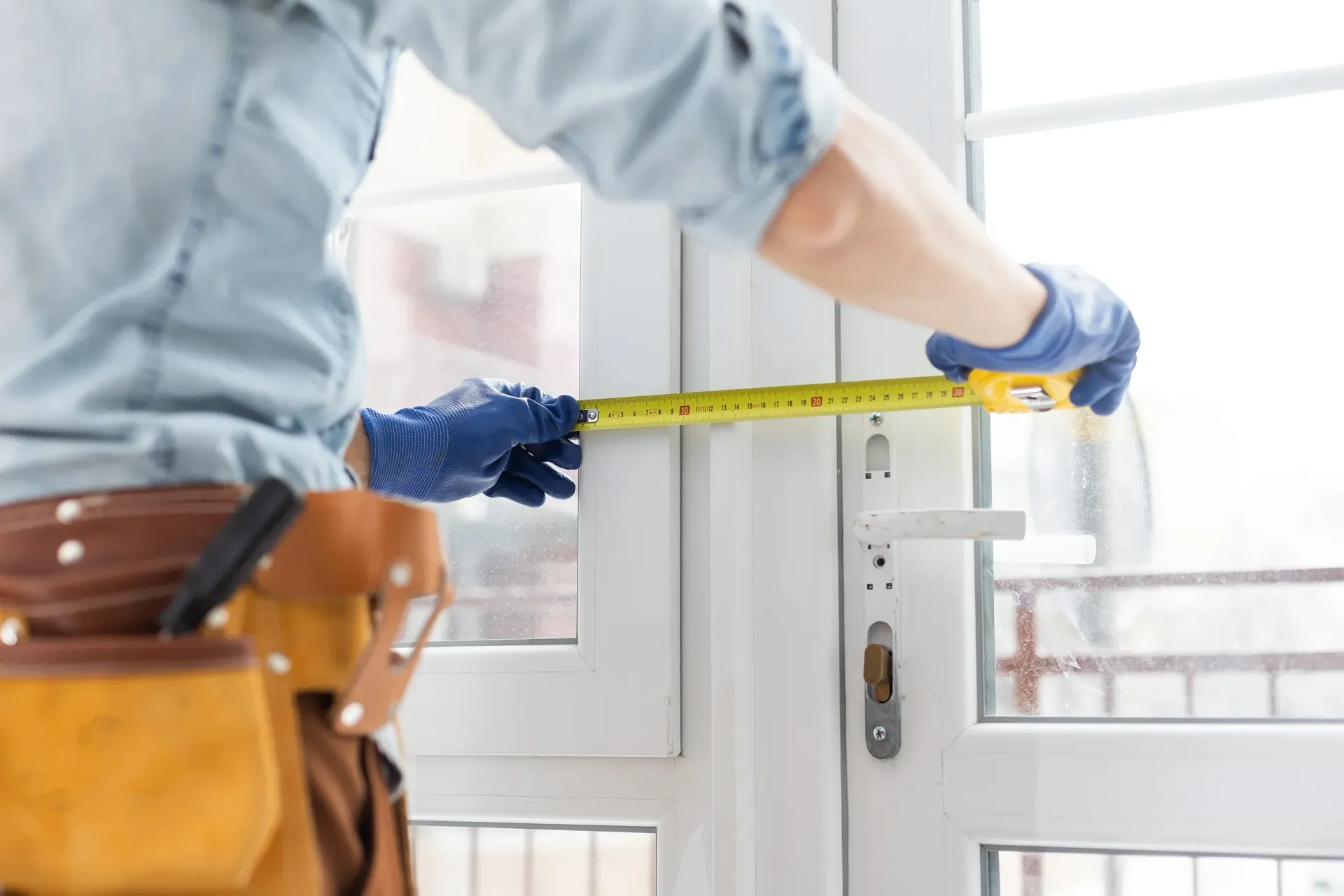 Persona con guantes azules midiendo el marco de una ventana blanca con una cinta métrica amarilla.