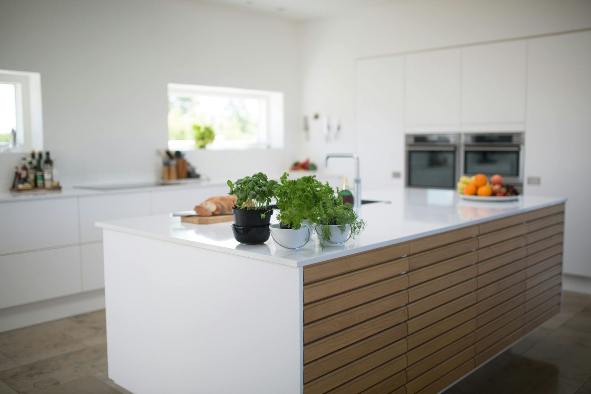 Cocina blanca moderna con isla, detalles de madera y plantas.