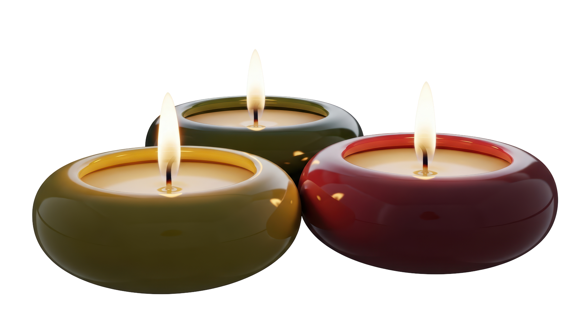 Trois bougies allumées dans des bols verts, crème et rouges.