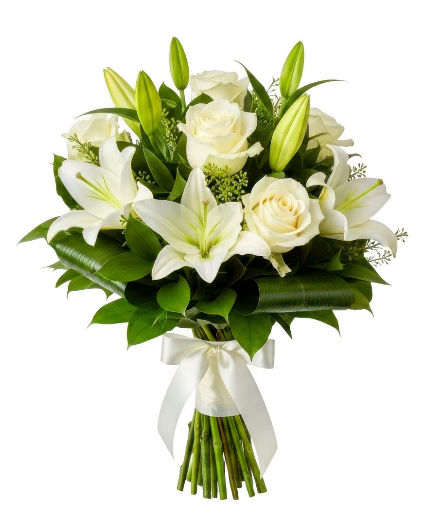 Bouquet de lys blancs et de roses, noué avec un ruban blanc.