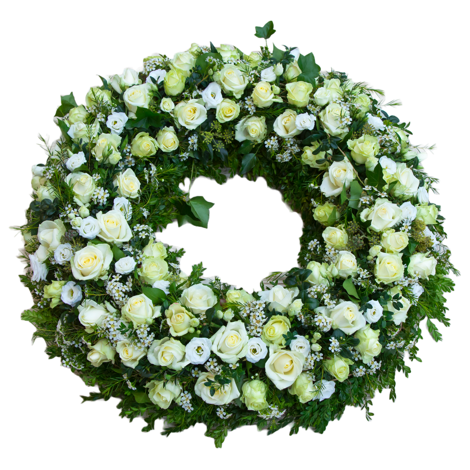 Couronne de fleurs blanches et vert pâle avec un centre circulaire.