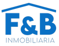 Logotipo de F&B Inmobiliaria en azul con el contorno de un tejado de casa encima del texto.