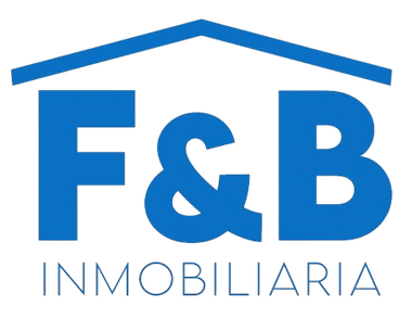 Logotipo de F&B Inmobiliaria en azul con el contorno de un tejado de casa encima del texto.