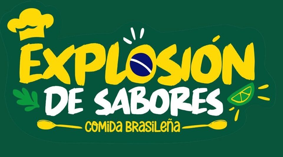 Logotipo para "Explosión de Sabores" (comida brasileña) con gorro de chef, bandera brasileña y elementos culinarios.