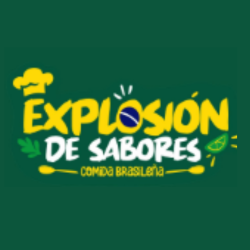 Logotipo para "Explosión de Sabores" (comida brasileña) con gorro de chef, bandera brasileña y elementos culinarios.