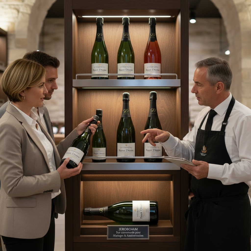 Deux personnes discutent de bouteilles de champagne exposées dans une vitrine, plusieurs bouteilles étant éclairées sur des étagères.