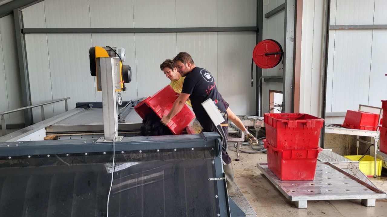 Deux ouvriers déchargent une caisse rouge dans un entrepôt, à côté de bacs rouges empilés et d'une scie circulaire.
