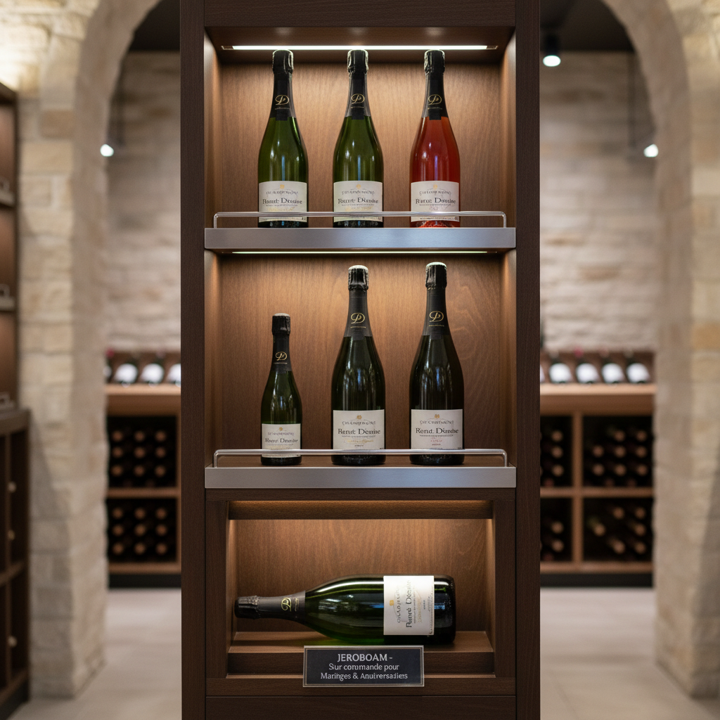 Des bouteilles de champagne sont exposées sur une étagère en bois éclairée dans une cave voûtée en pierre.