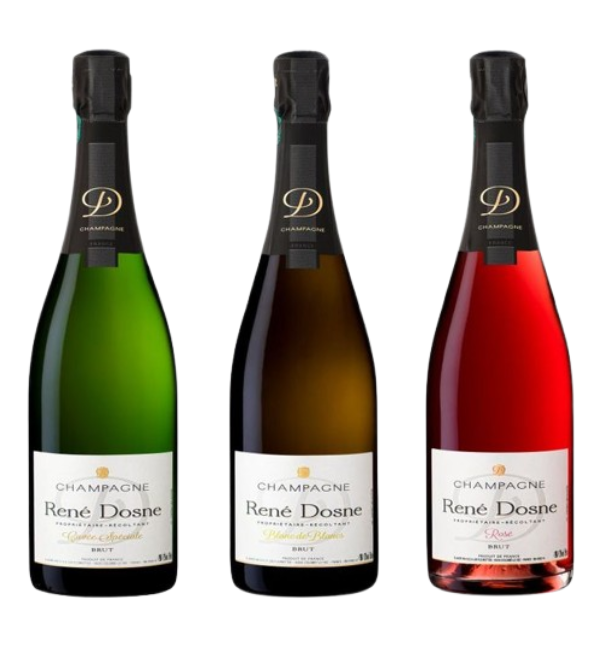 Trois bouteilles de vin mousseux René Dosne en verre vert, ambré et rouge.