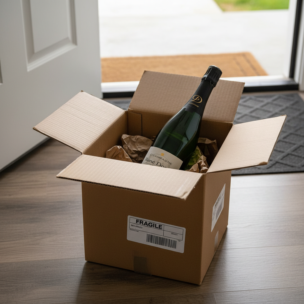 Boîte en carton ouverte contenant une bouteille de champagne, posée au sol près d'une porte ouverte.