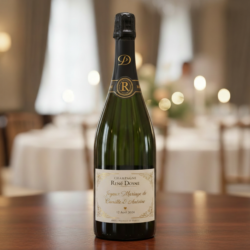 Une bouteille de champagne sur une table dans une salle à manger à l'éclairage tamisé.
