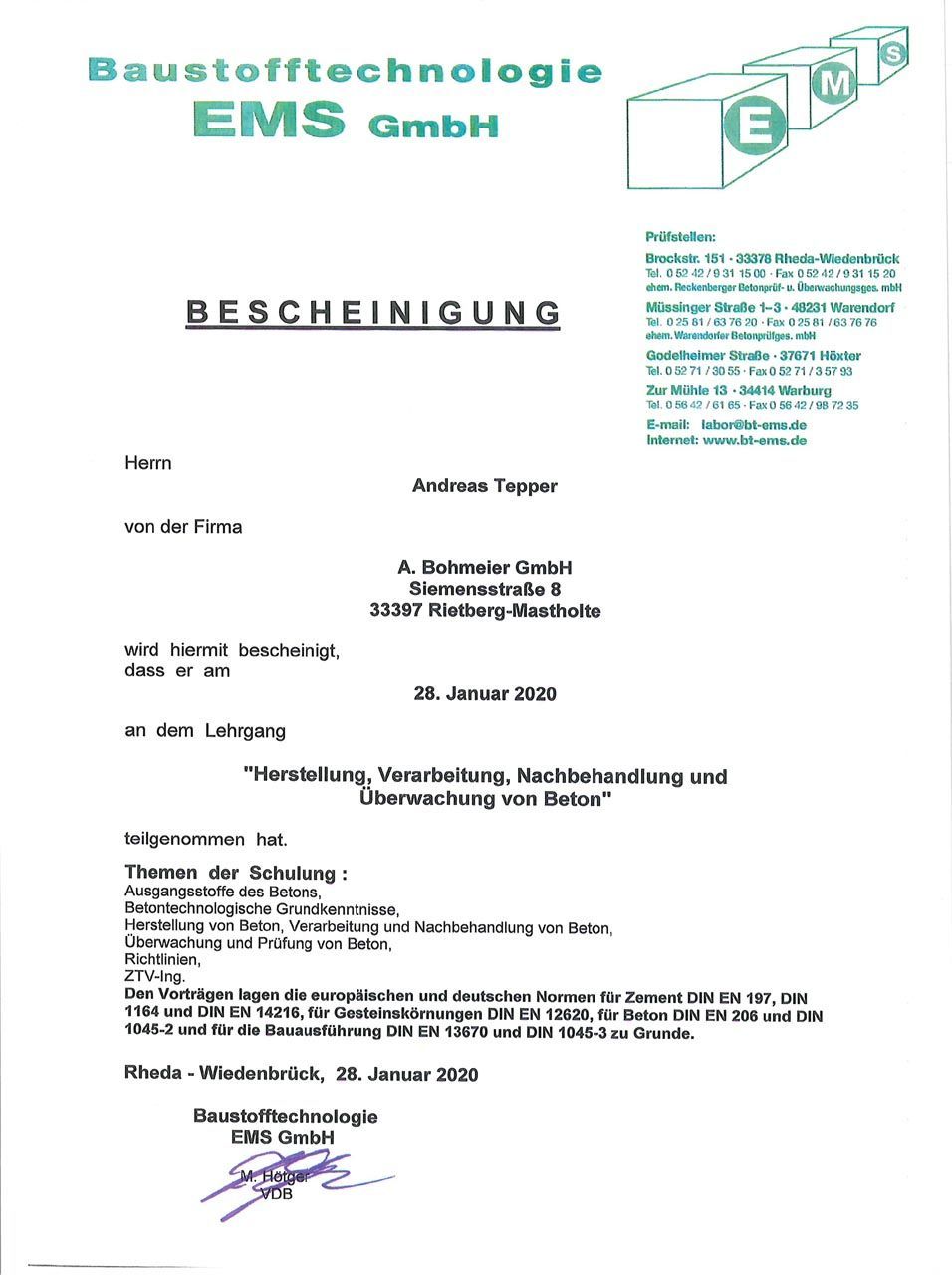 Baustofftechnologie Bescheinigung