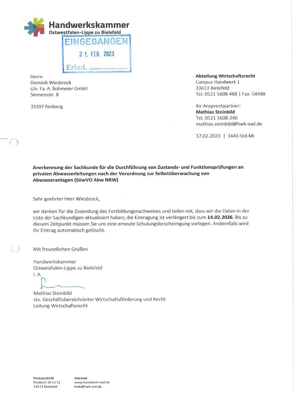 Handwerkskammer Bescheinigung