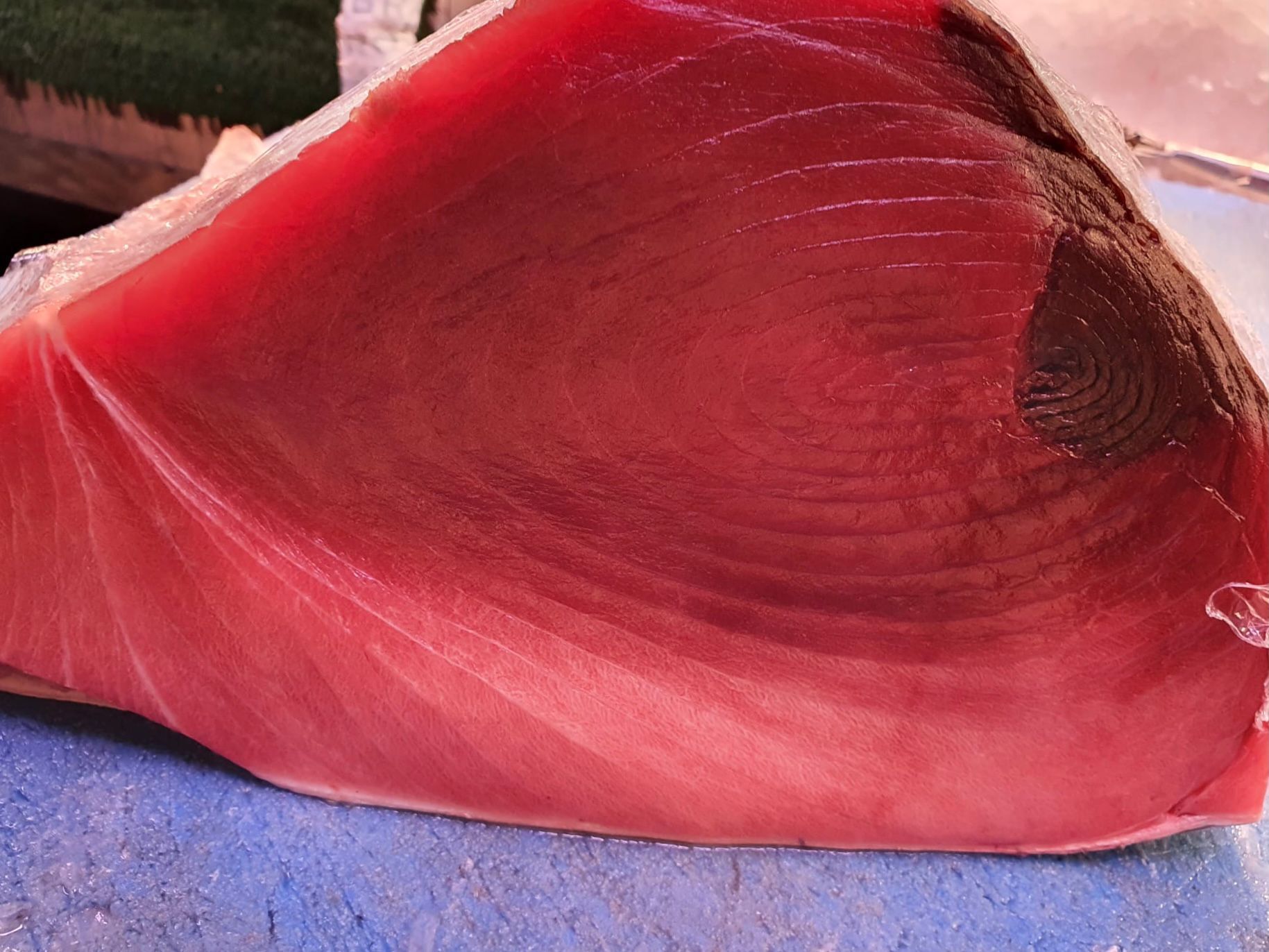 Un trozo de carne roja reposa sobre una superficie azul.