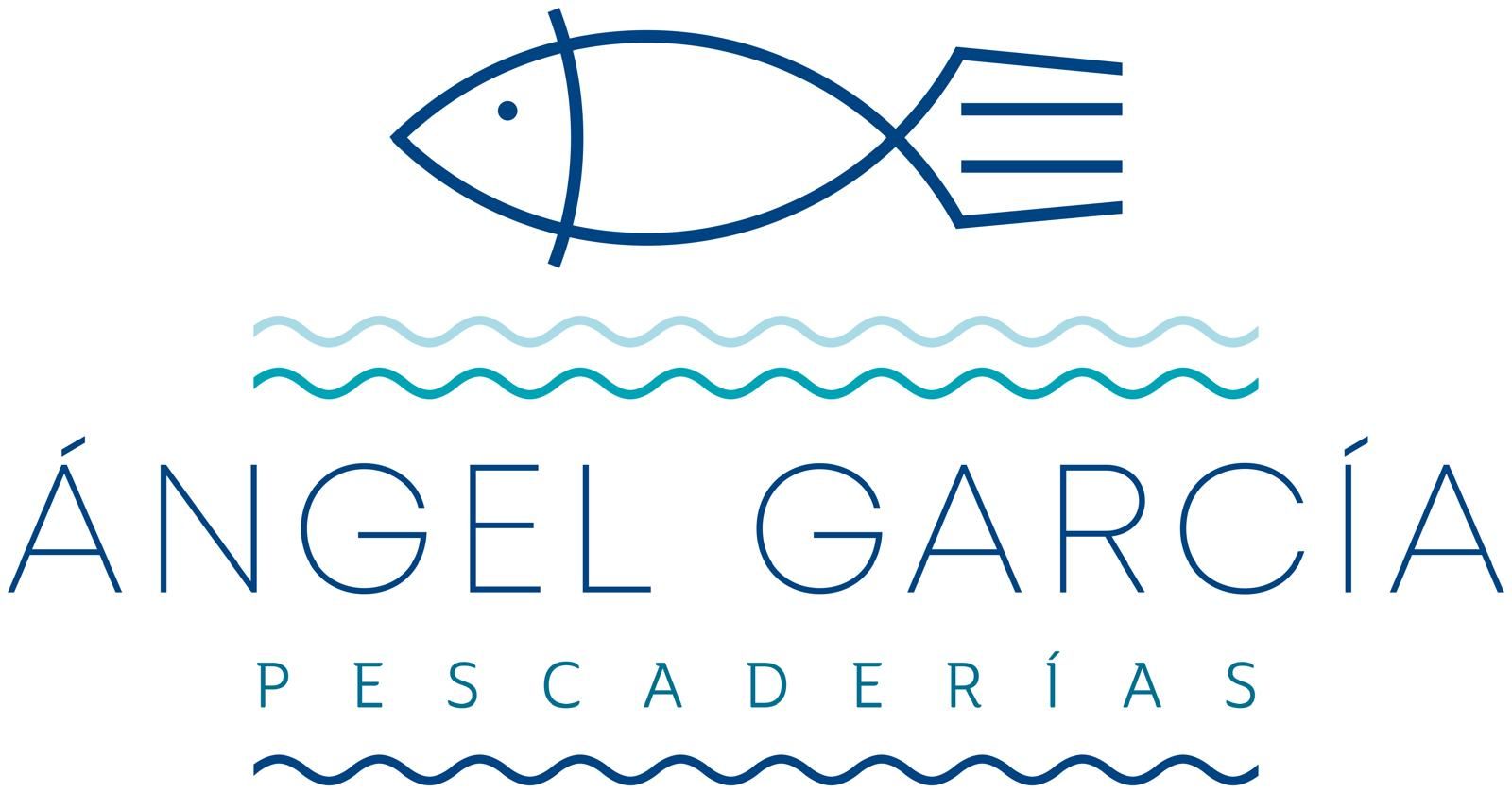 Un logotipo para Angel García Pescaderías con un pez y olas.
