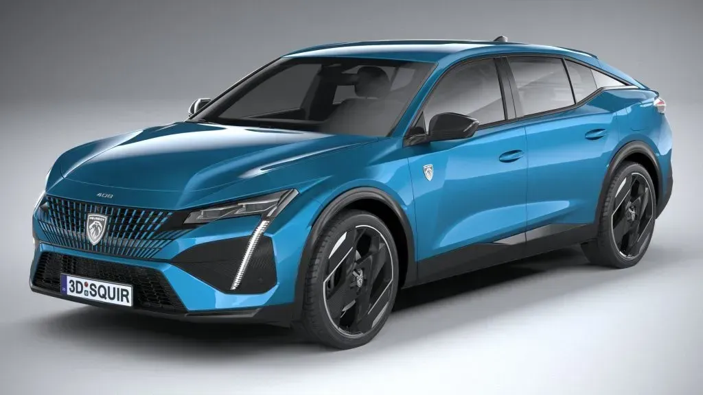 SUV eléctrico Peugeot azul en estudio, vista frontal de tres cuartos sobre un fondo blanco.