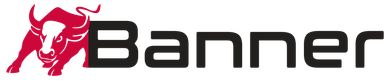 Logotipo de banner con un icono de un toro rojo y texto negro sobre un fondo blanco.