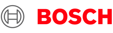 Logotipo de Bosch en rojo con un emblema circular gris sobre fondo blanco.