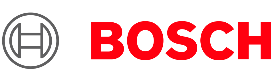 Logotipo de Bosch en rojo con un emblema circular gris sobre fondo blanco.