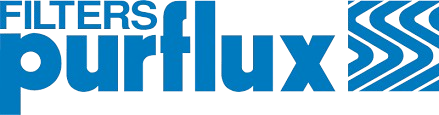Logotipo de Purflux Filters en azul y gris con icono de onda estilizada