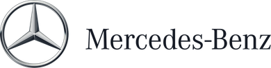 Logotipo de Mercedes-Benz con estrella de tres puntas plateada y nombre de la marca sobre fondo blanco.