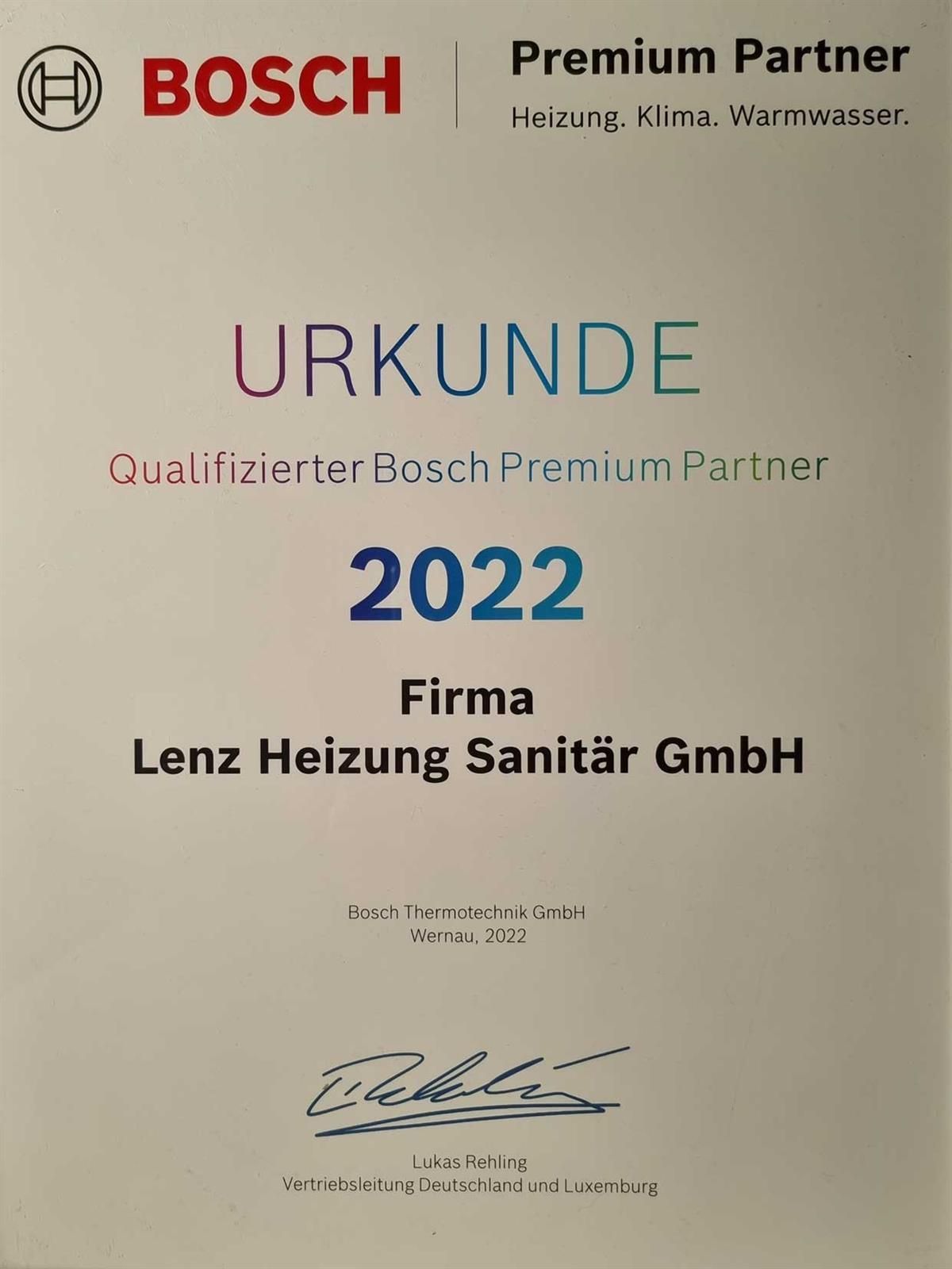 Ein Bosch Premium Partner Zertifikat für 2022