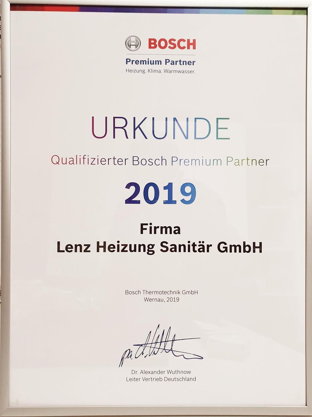 Ein Bosch-Zertifikat wird in einem Rahmen angezeigt