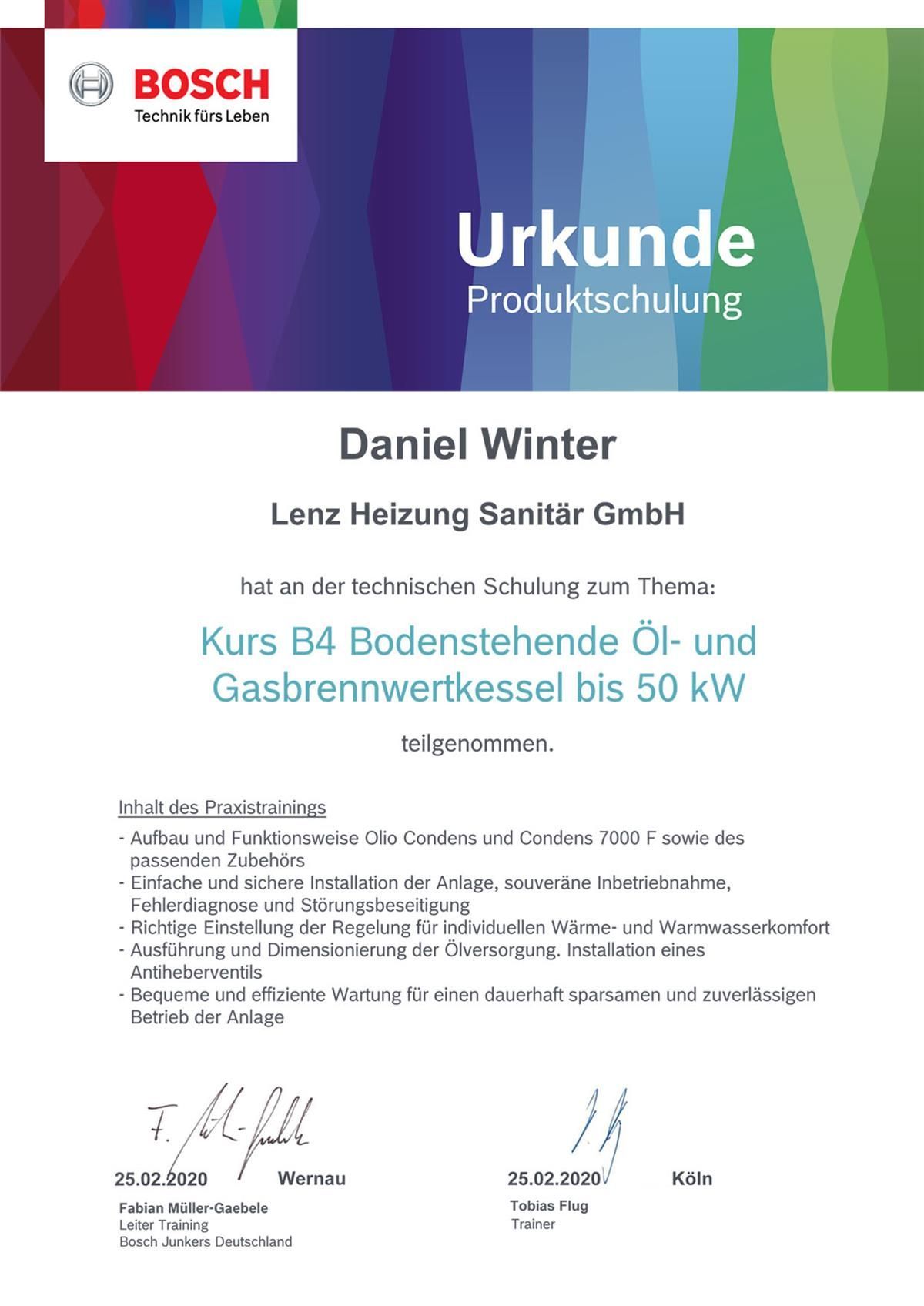 Es handelt sich um ein Zertifikat mit der Aufschrift „Urkunde-Produktschulung“.