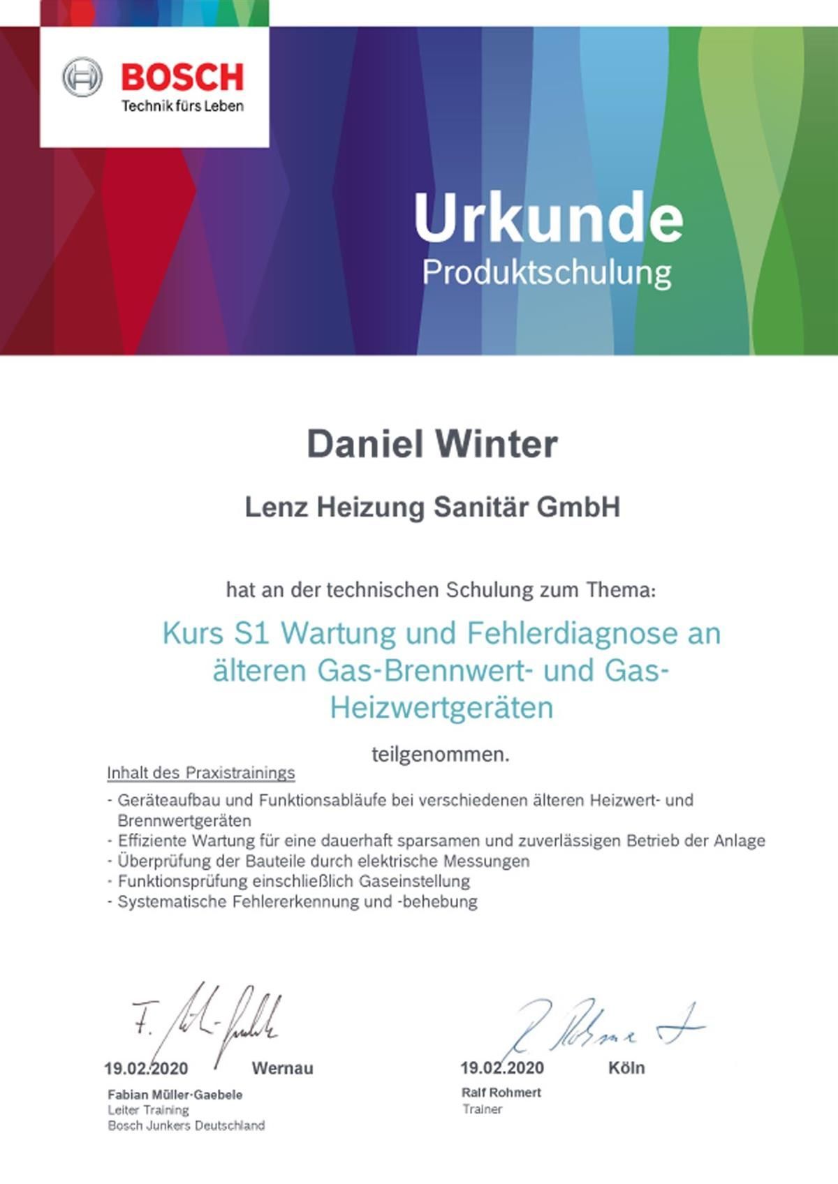 Auf weißem Hintergrund steht eine Urkunde für Daniel Winter von Bosch.