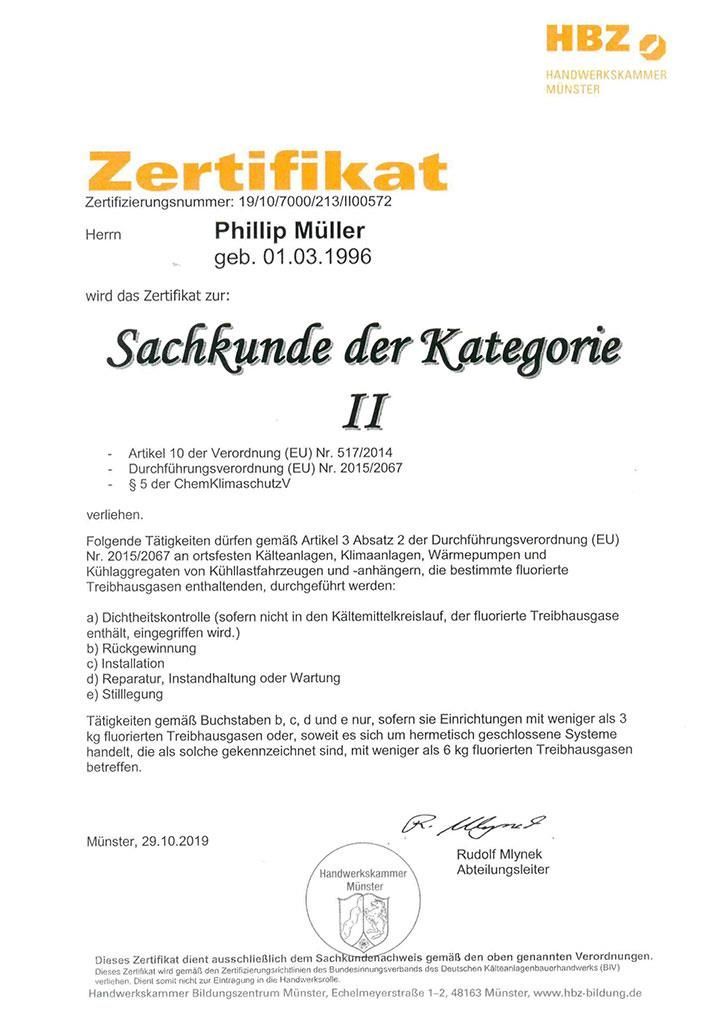 It is a certificate that says zertifikat sachkunde der kategorie ii.