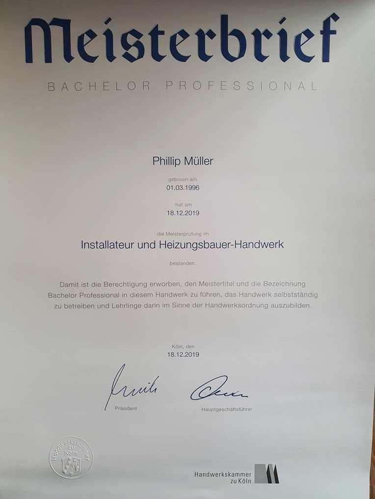 Ein Zertifikat mit der Aufschrift Meisterbrief