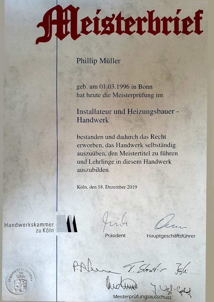 Ein Zertifikat mit der Aufschrift Meisterbrief