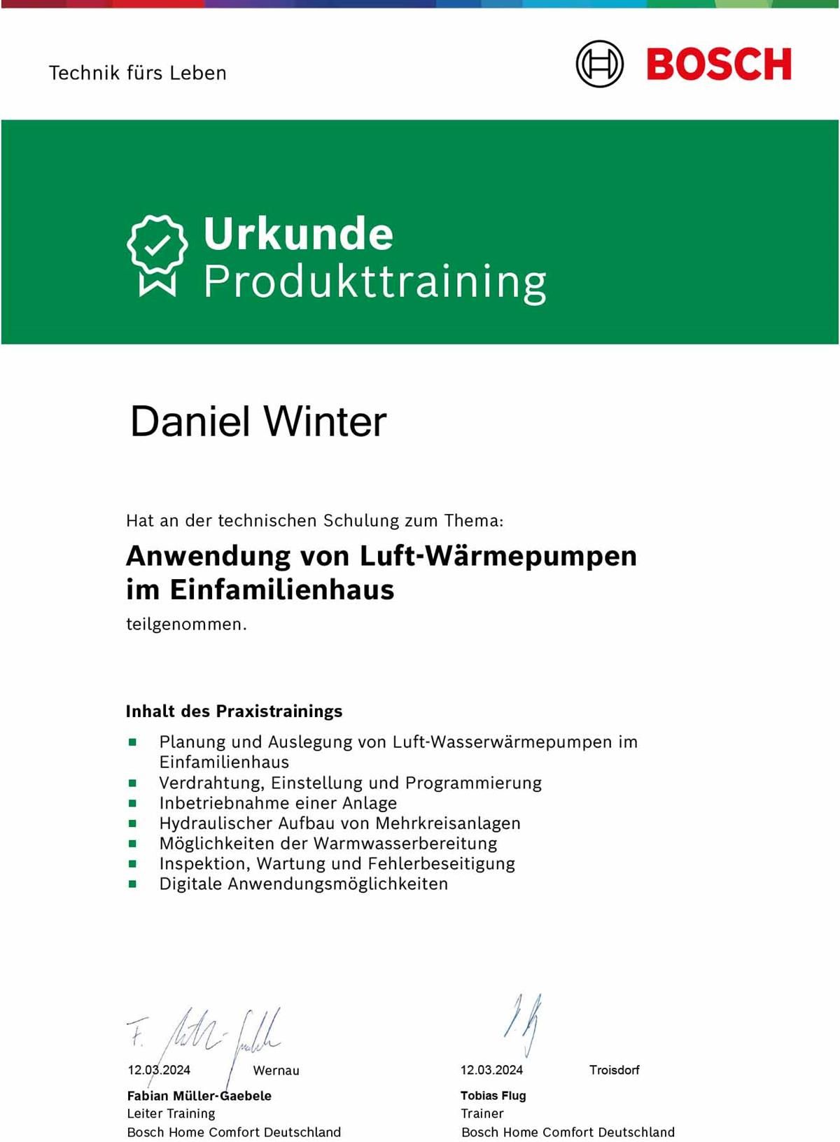 Auf weißem Hintergrund befindet sich ein Bosch-Zertifikat für Daniel Winter.