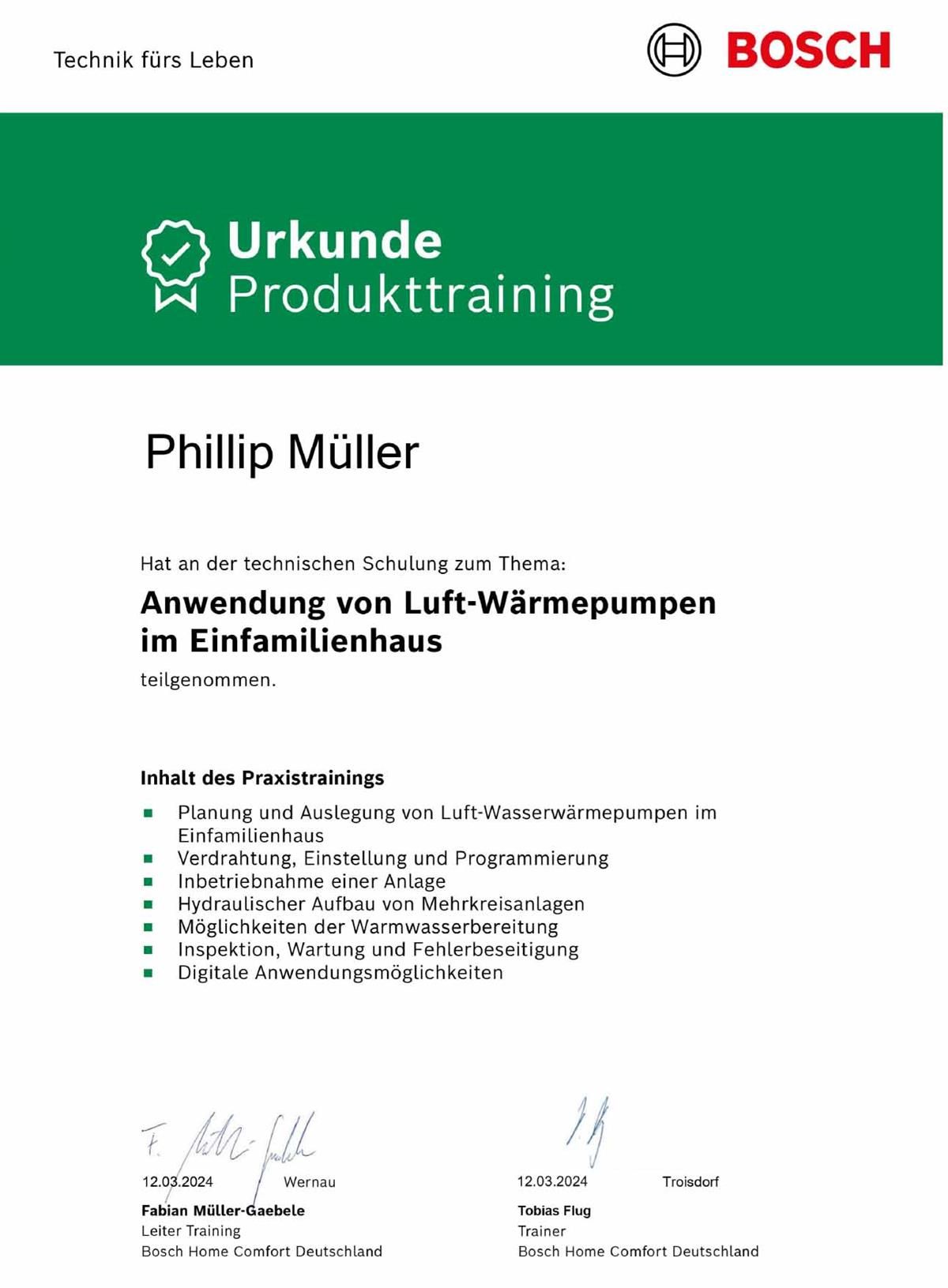 Es handelt sich um ein Zertifikat mit der Aufschrift „Urkunde-Produkttraining“.