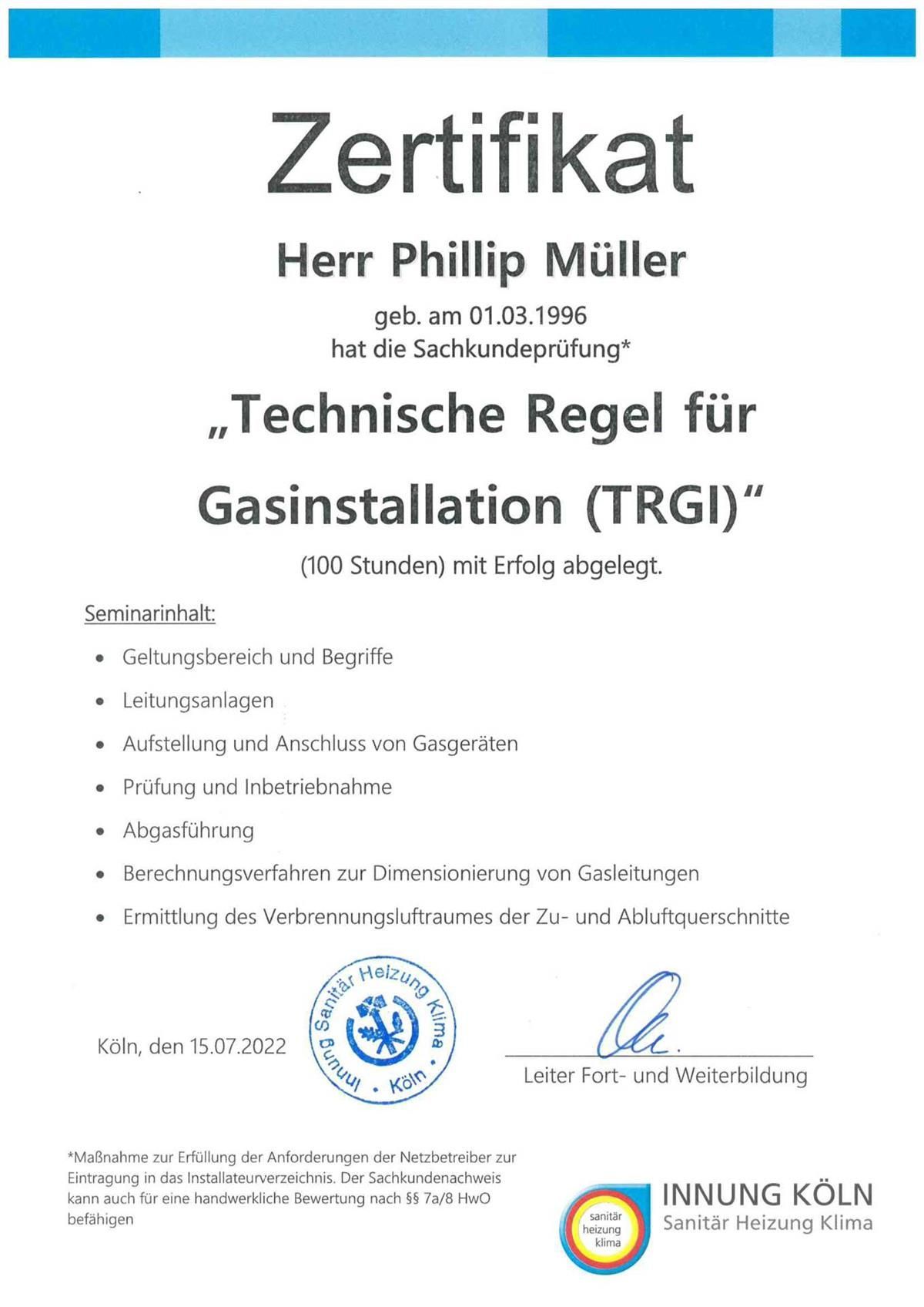 A certificate that says zertifikat herr phillip muller technische regel fur gasinstallation ( trgi ) on it.