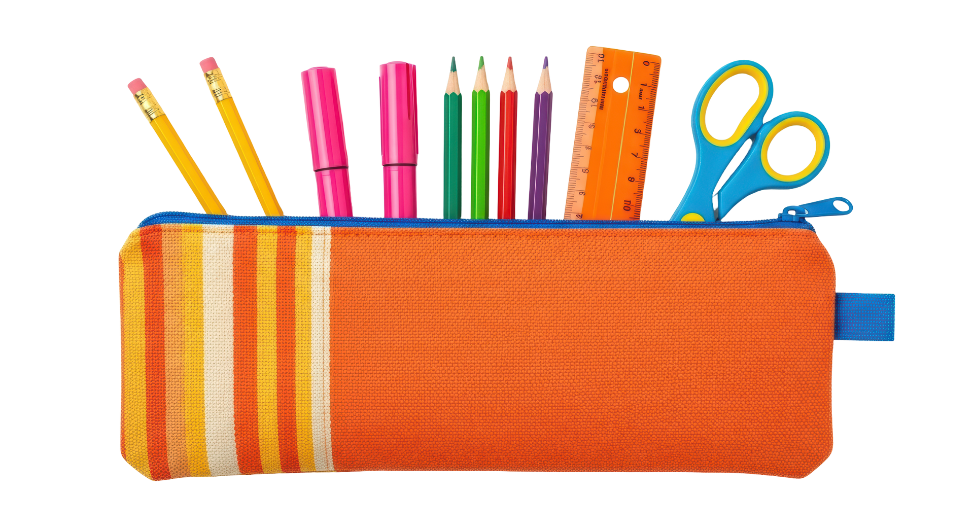 Une trousse orange à fermeture éclair remplie de feutres, de crayons, d'une règle et de ciseaux sur fond blanc.