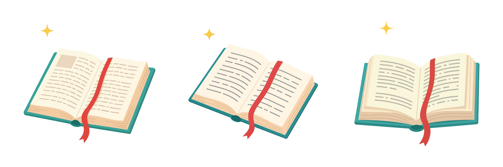 Trois livres ouverts, avec des marque-pages rouges et de petites étoiles jaunes au-dessus, se détachent sur un fond uni.