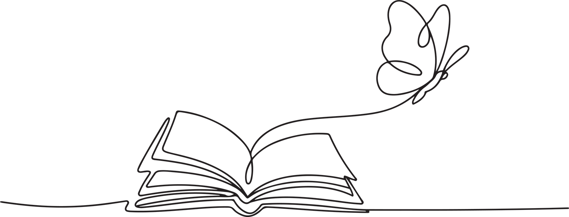 Un dessin minimaliste au trait noir continu représentant un livre ouvert d'où émerge un papillon.
