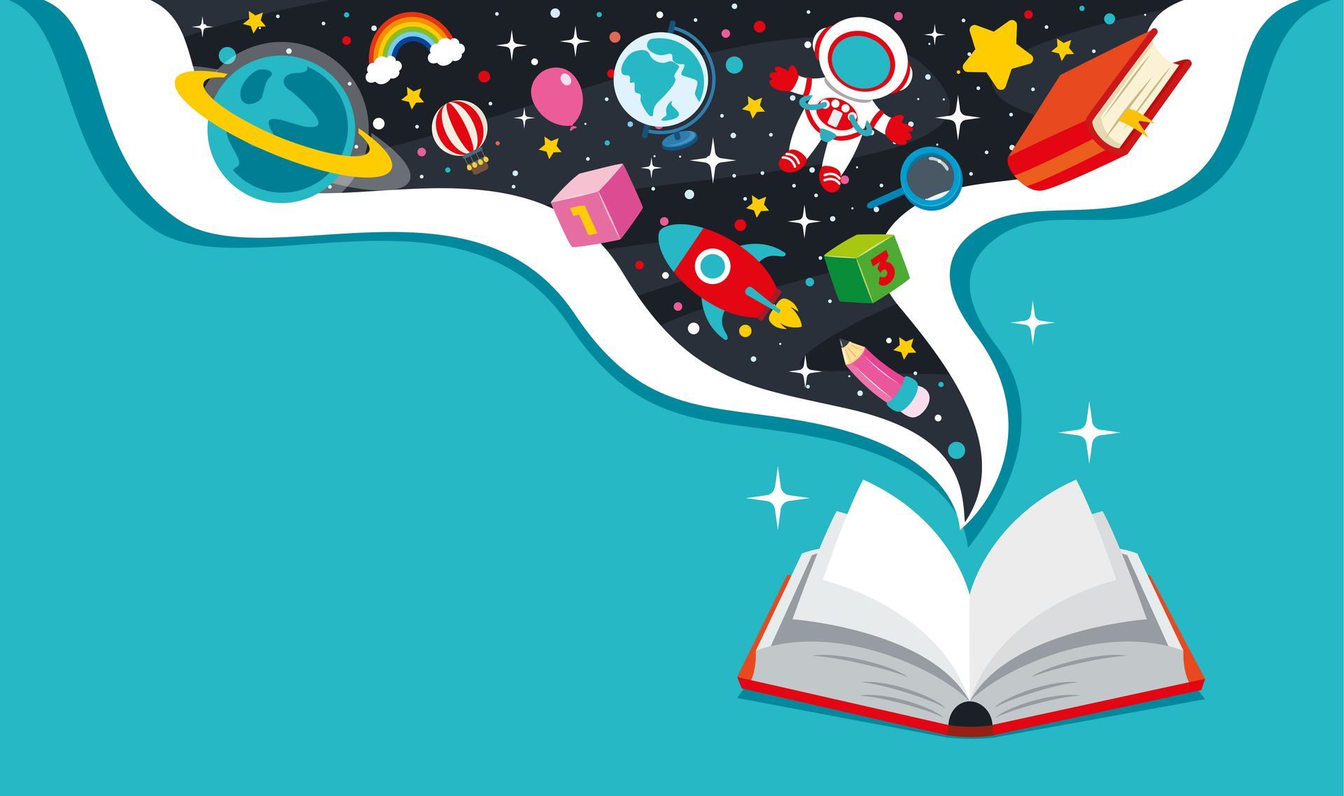 Un livre ouvert sur fond turquoise libère un tourbillon d'icônes colorées sur le thème de l'espace, de planètes et de jouets.